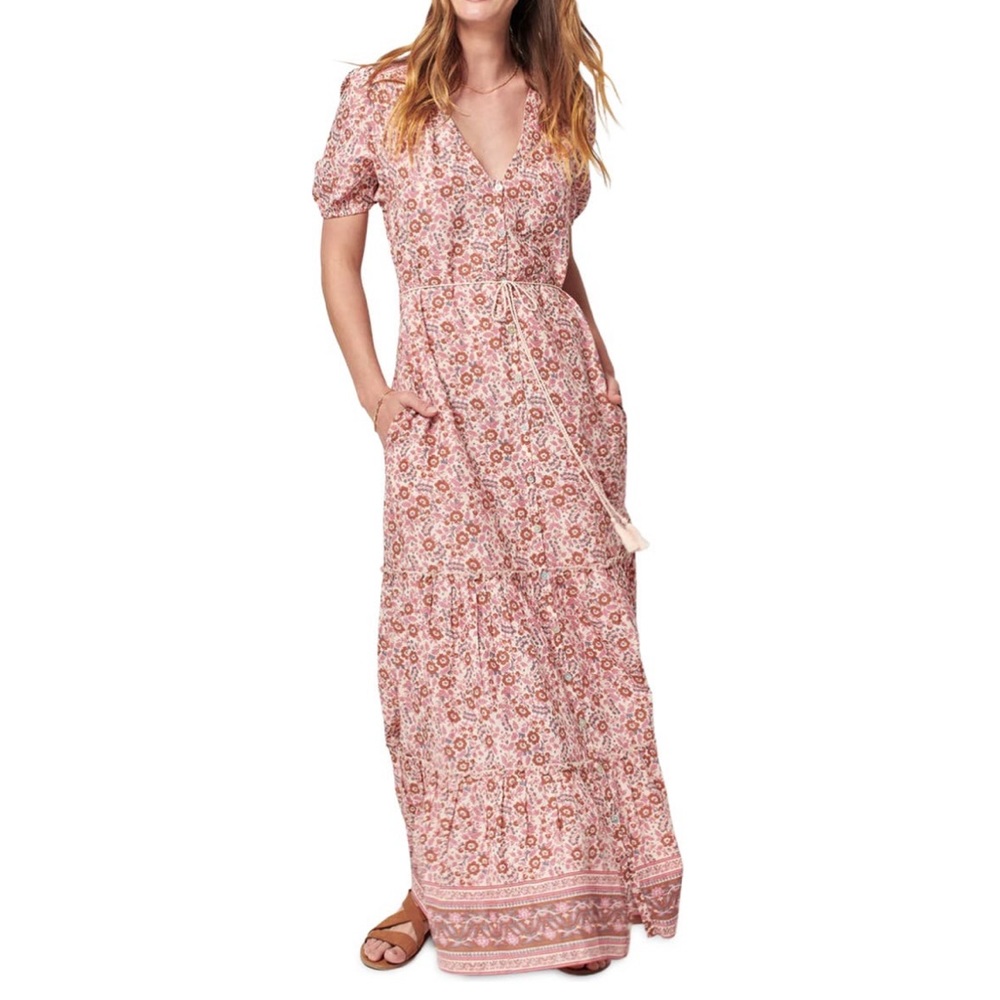 Organic Cotton Floral Pink Maxi Dress with Tie Waist